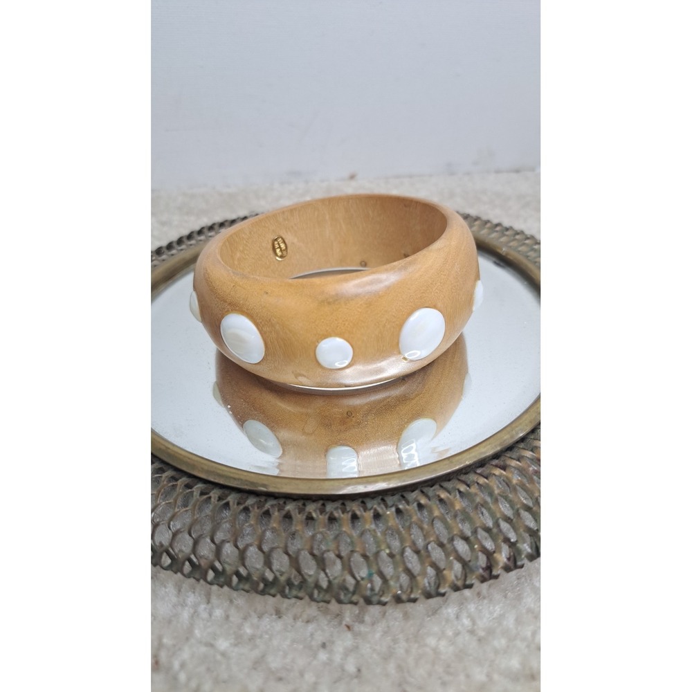 Vtg Kenneth J Lane KJL Boho Wooden Bangle Bracelet Mother of Pearl Shell Dots